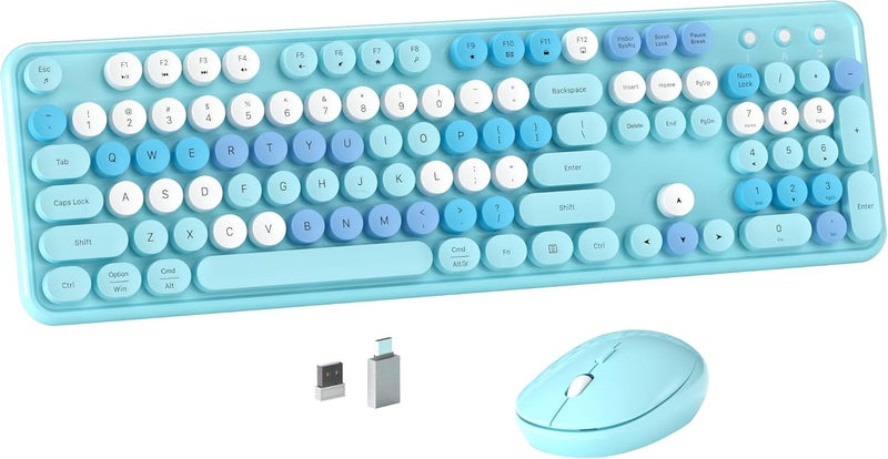 MPTOG Colorful Wireless Computer Keyboard and Mouse Combo with Round Typewriter Keycaps, Retro Design, Power Switch, Ergonomic Design, 2.4GHz Wireless for Windows, Mac, PC (Blue-Colorful) - Image 1